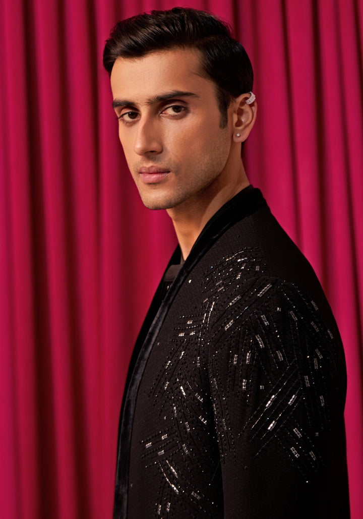 Black Sherwani With Bell Bottom Pants Contrast by Parth - Fabilicious Fashion