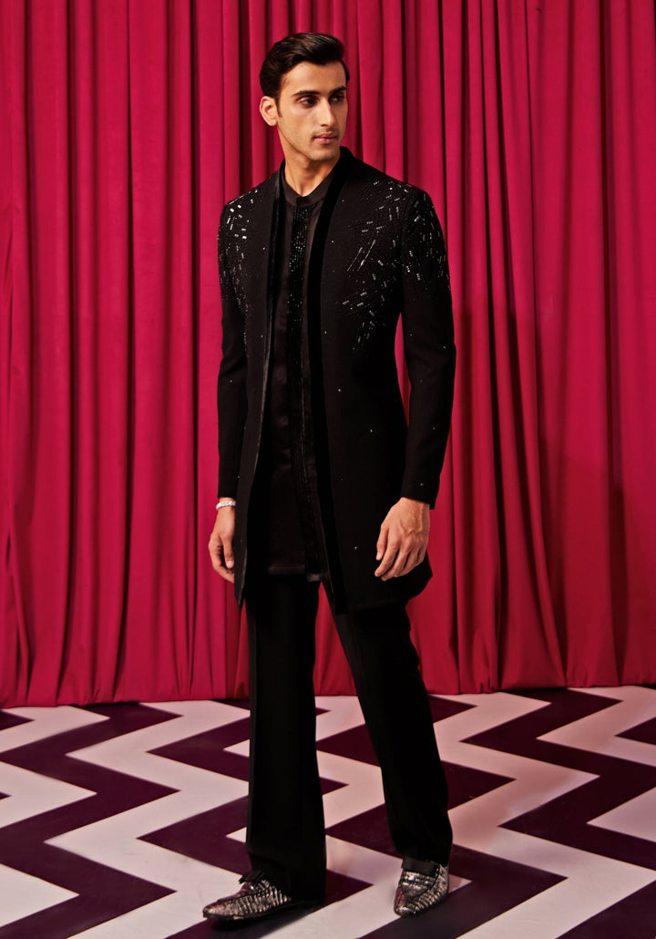 Black Sherwani With Bell Bottom Pants Contrast by Parth - Fabilicious Fashion