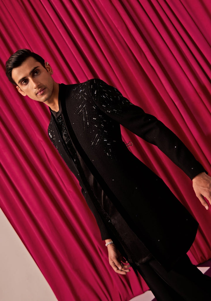 Black Sherwani With Bell Bottom Pants Contrast by Parth - Fabilicious Fashion