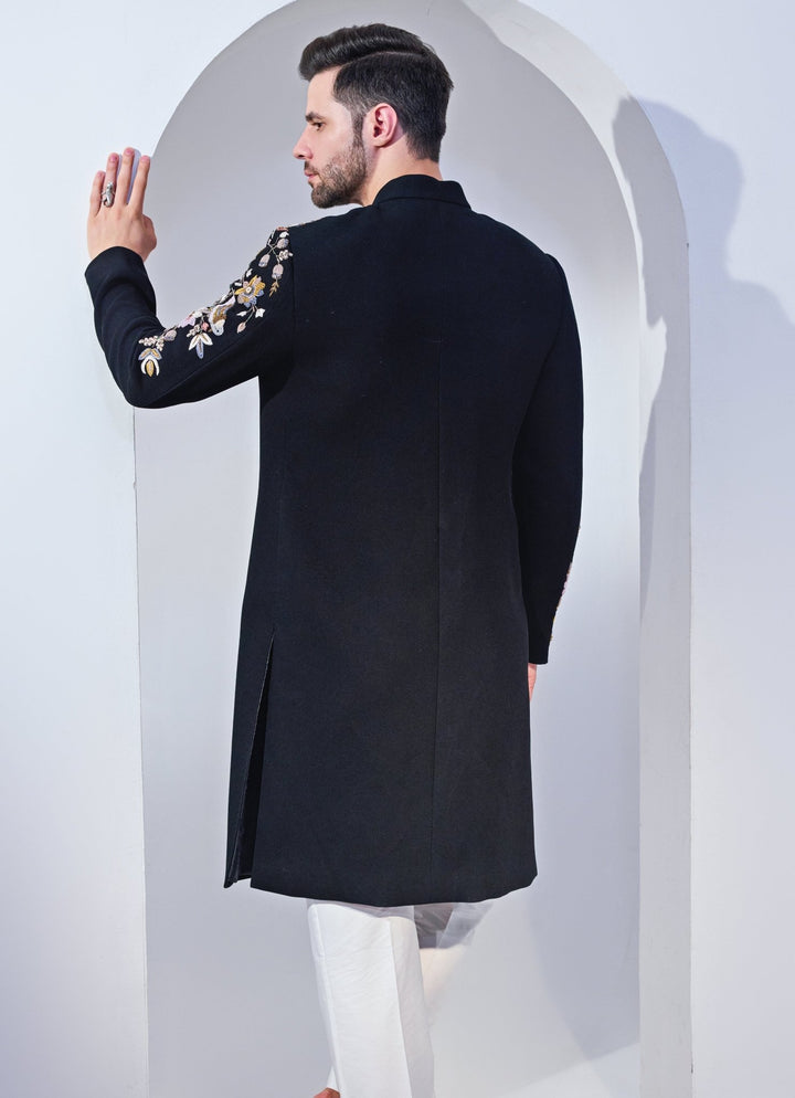 Black Textured Embroidery Achkan And Pant Set Chatenya Mittal - Fabilicious Fashion
