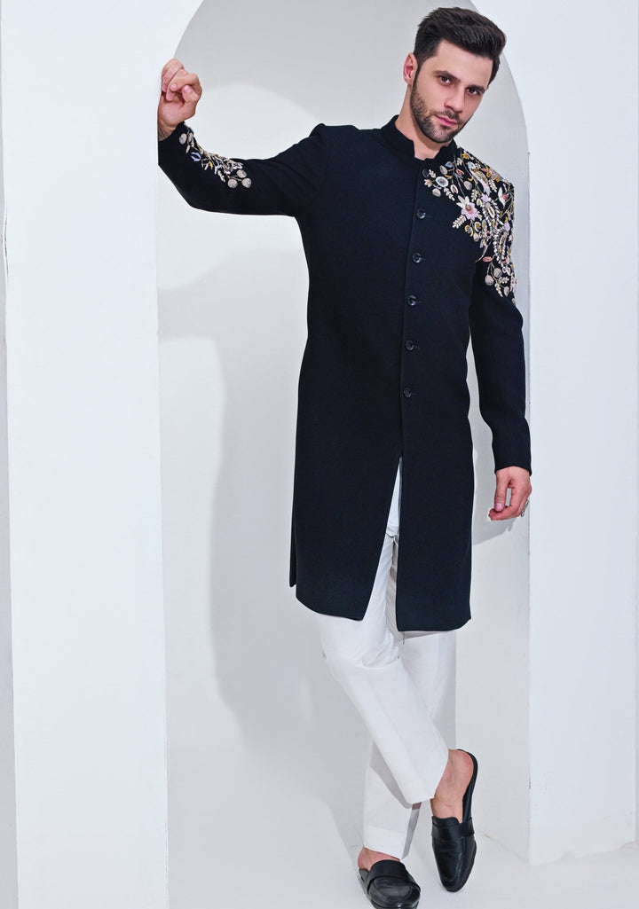 Black Textured Embroidery Achkan And Pant Set Chatenya Mittal - Fabilicious Fashion