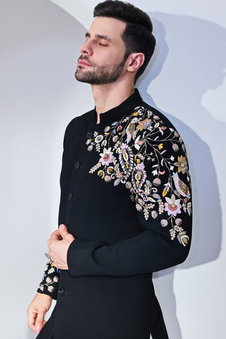 Black Textured Embroidery Achkan And Pant Set Chatenya Mittal - Fabilicious Fashion