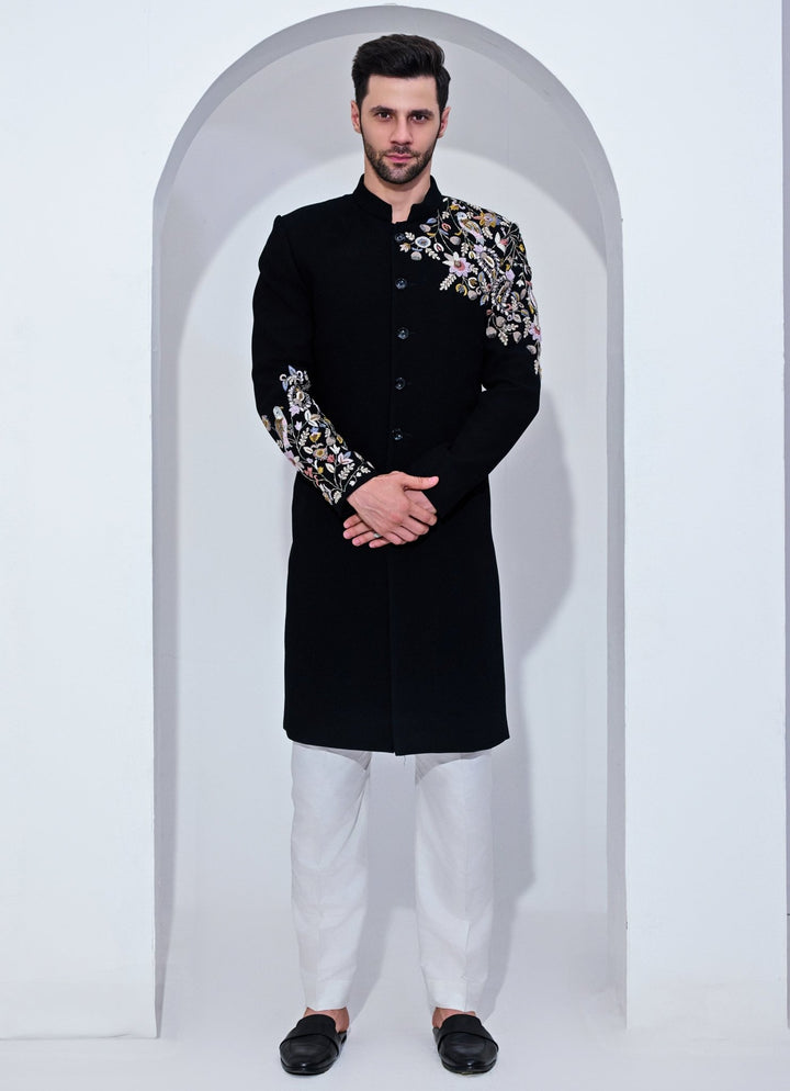 Black Textured Embroidery Achkan And Pant Set Chatenya Mittal - Fabilicious Fashion