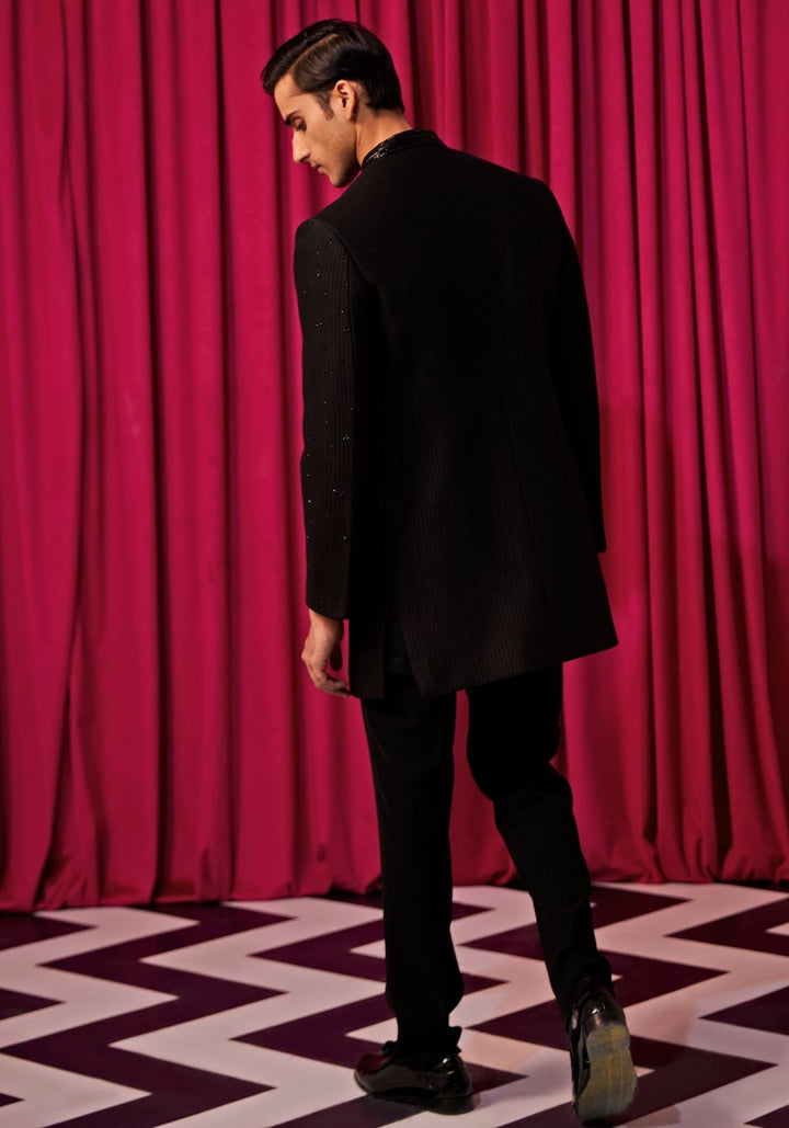 Black Textured Sherwani Set Contrast by Parth - Fabilicious Fashion