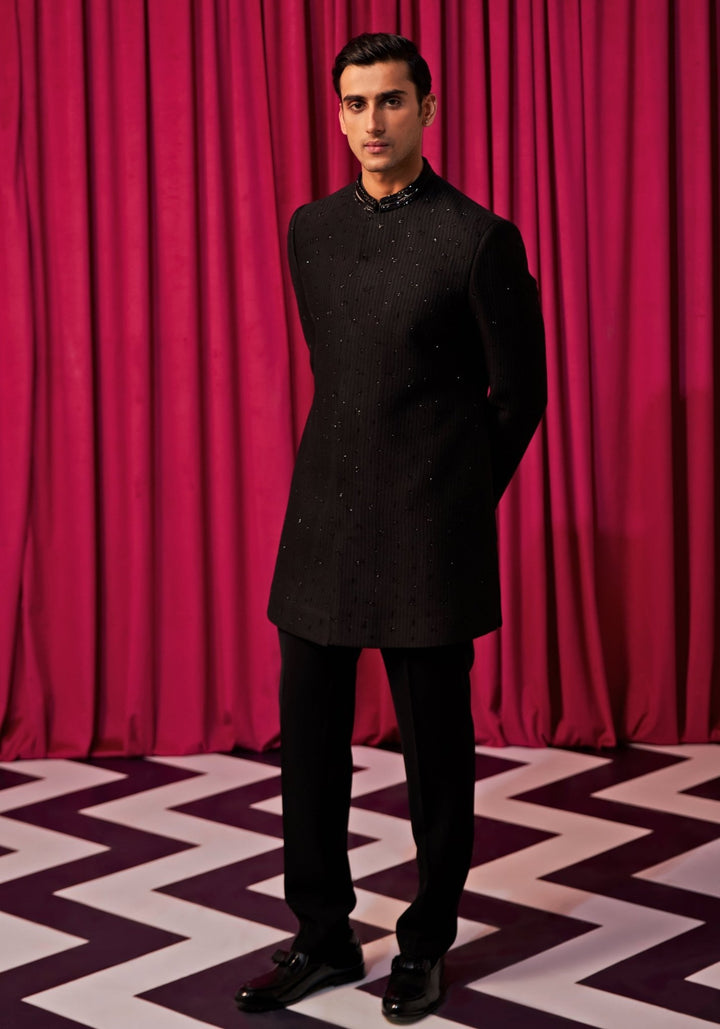 Black Textured Sherwani Set Contrast by Parth - Fabilicious Fashion