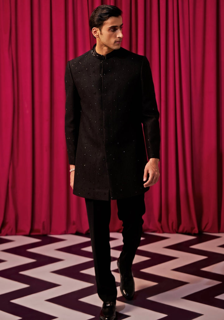 Black Textured Sherwani Set Contrast by Parth - Fabilicious Fashion