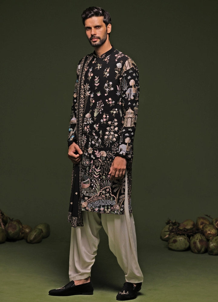 Black Thread Embroidered Kurta Patiala Pant Set With Dupatta Kalpraag - Fabilicious Fashion
