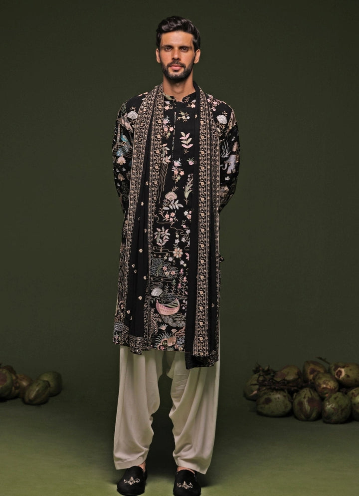 Black Thread Embroidered Kurta Patiala Pant Set With Dupatta Kalpraag - Fabilicious Fashion