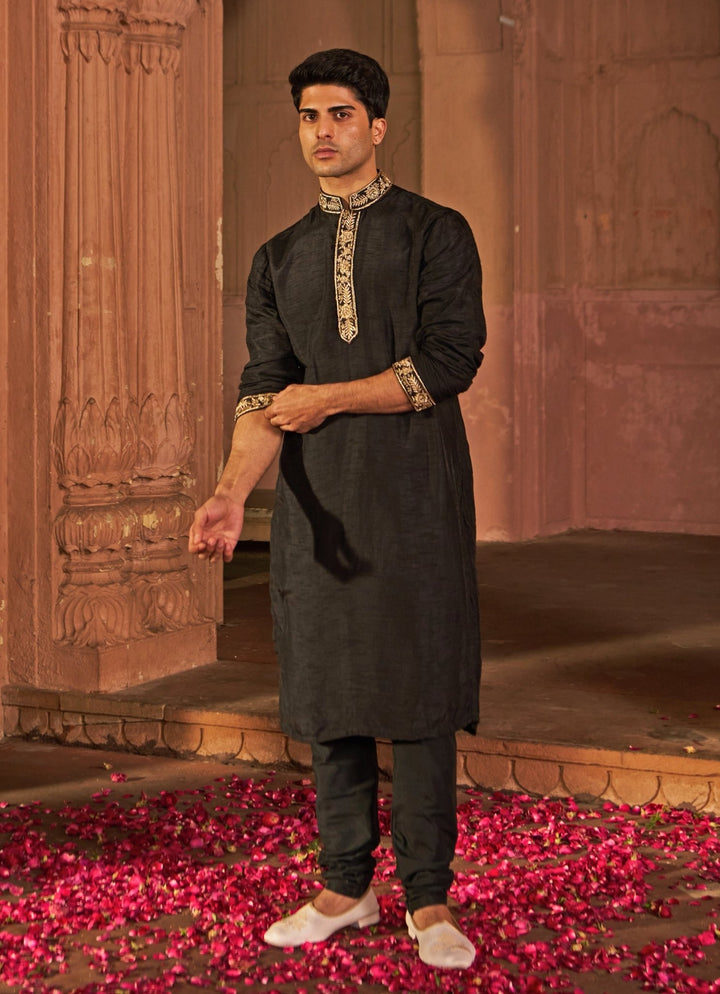 Black Zardosi Work Embroidered Chanderi Silk Kurta Set Nidhika Shekhar - Men - Fabilicious Fashion