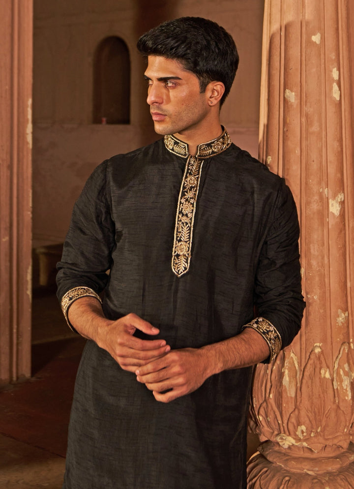 Black Zardosi Work Embroidered Chanderi Silk Kurta Set Nidhika Shekhar - Men - Fabilicious Fashion