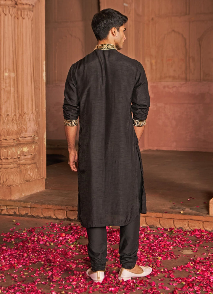Black Zardosi Work Embroidered Chanderi Silk Kurta Set Nidhika Shekhar - Men - Fabilicious Fashion