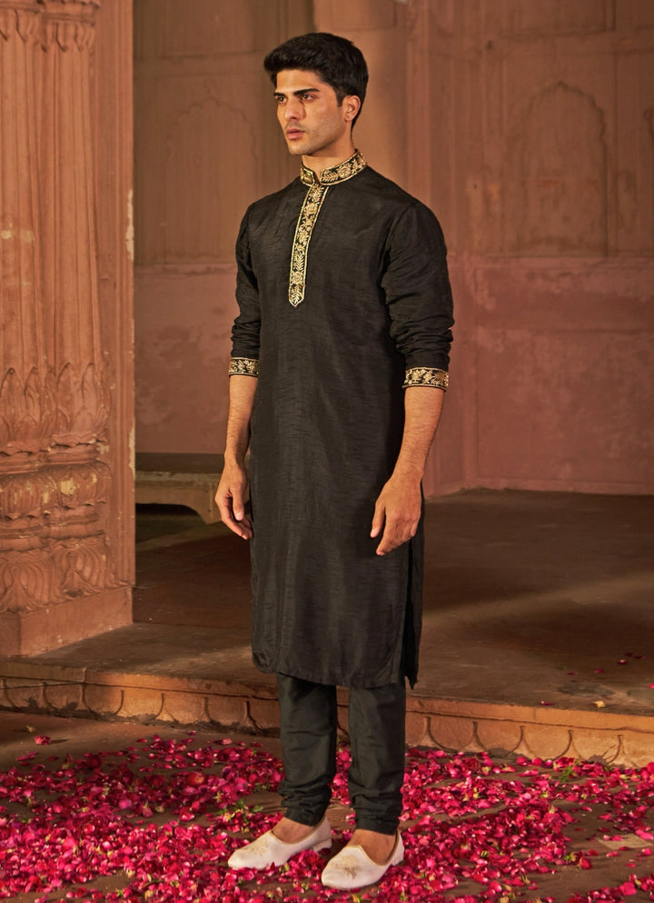 Black Zardosi Work Embroidered Chanderi Silk Kurta Set Nidhika Shekhar - Men - Fabilicious Fashion