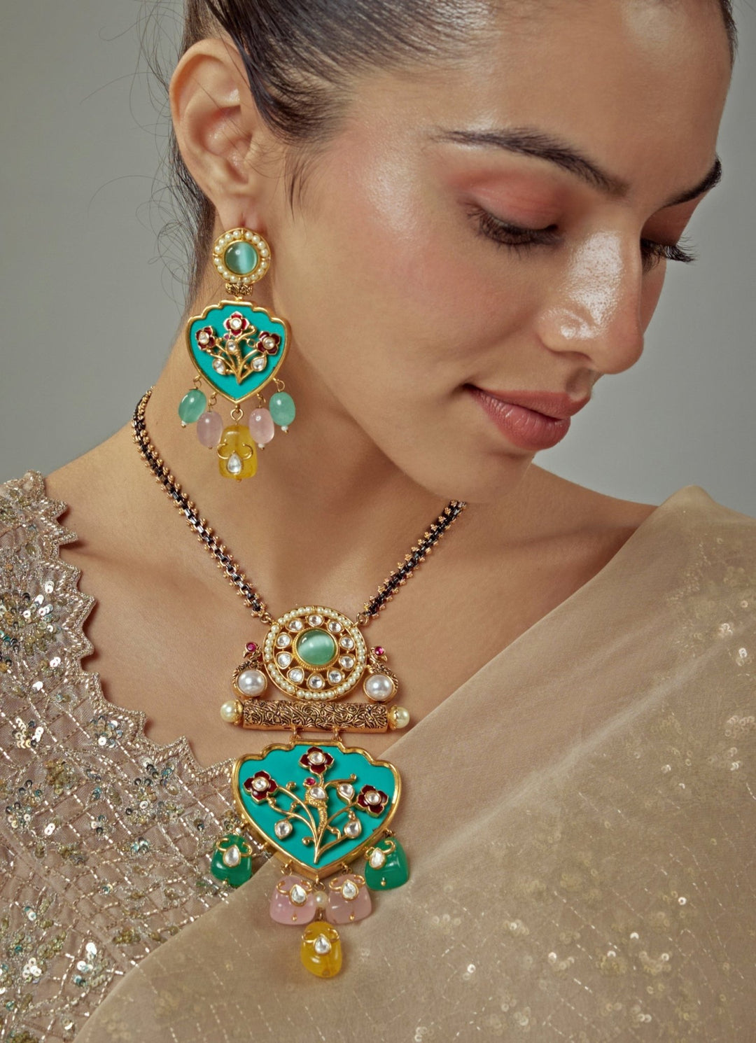 Blue And Multi Beaded Contemporary Short Pendant Necklace Set With Earrings Vivinia by Vidhi Mehra - Fabilicious Fashion