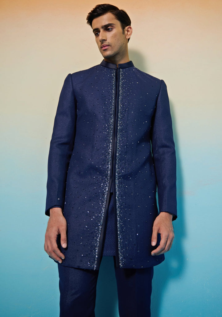 Blue Crystal Embellished Sherwani Set Contrast by Parth - Fabilicious Fashion