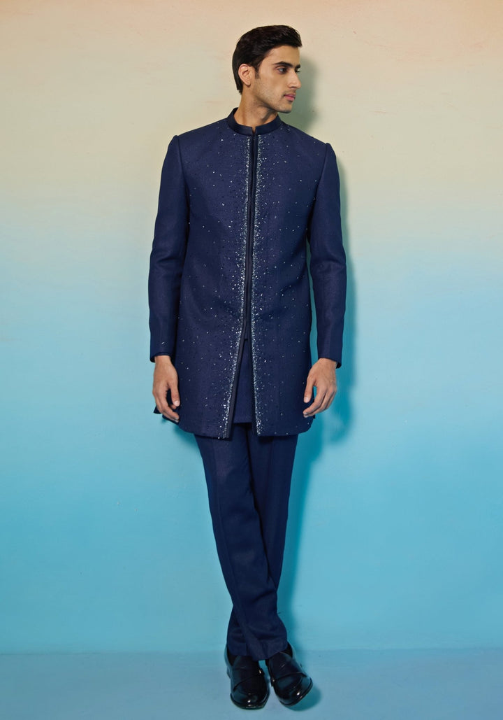 Blue Crystal Embellished Sherwani Set Contrast by Parth - Fabilicious Fashion