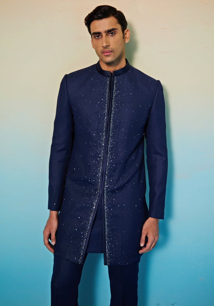 Blue Crystal Embellished Sherwani Set Contrast by Parth - Fabilicious Fashion