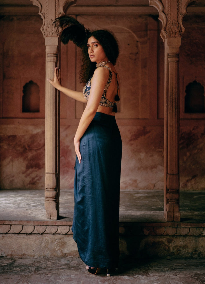 Blue Drape Skirt Set With Embroidered Jacket Paulmi and Harsh - Fabilicious Fashion