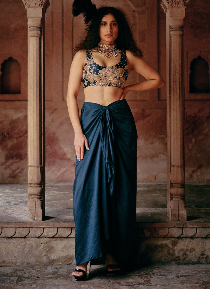 Blue Drape Skirt Set With Embroidered Jacket Paulmi and Harsh - Fabilicious Fashion