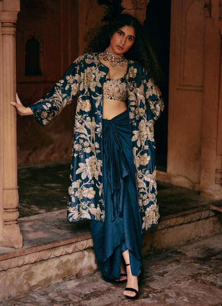 Blue Drape Skirt Set With Embroidered Jacket Paulmi and Harsh - Fabilicious Fashion