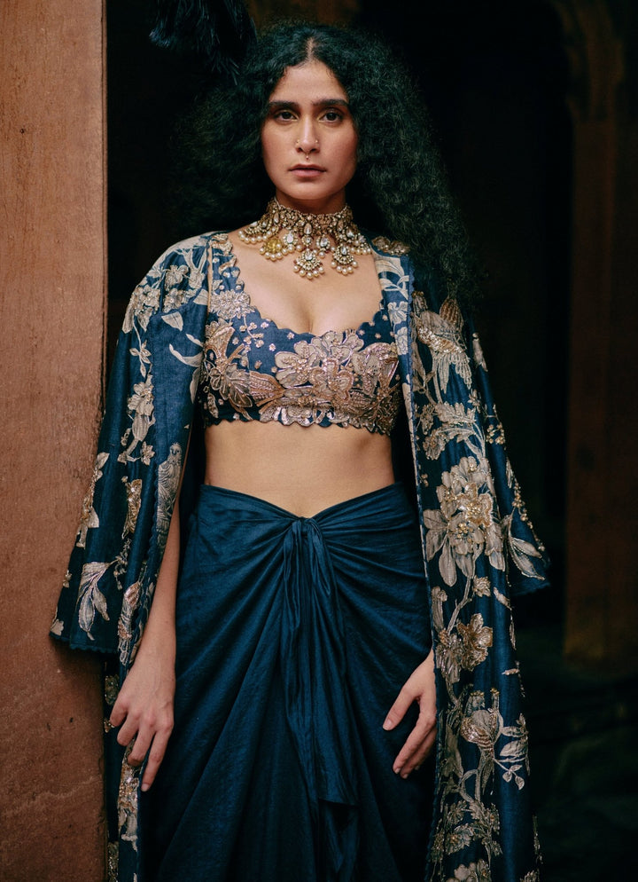 Blue Drape Skirt Set With Embroidered Jacket Paulmi and Harsh - Fabilicious Fashion