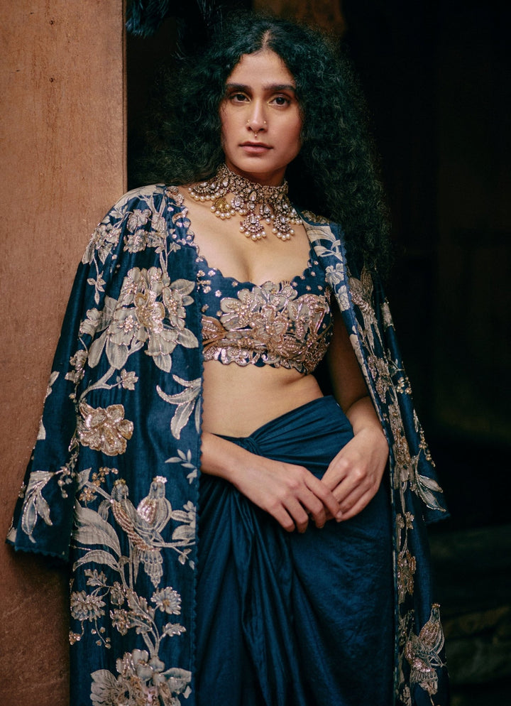 Blue Drape Skirt Set With Embroidered Jacket Paulmi and Harsh - Fabilicious Fashion