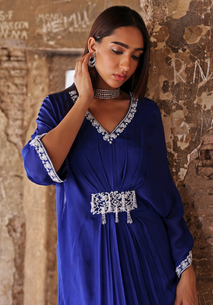 Blue Draped Embroidered Kaftan Seema Thukral - Fabilicious Fashion
