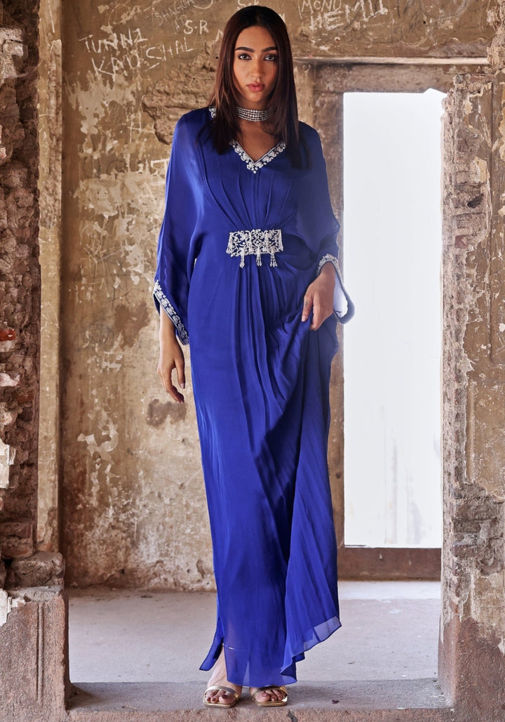 Blue Draped Embroidered Kaftan Seema Thukral - Fabilicious Fashion