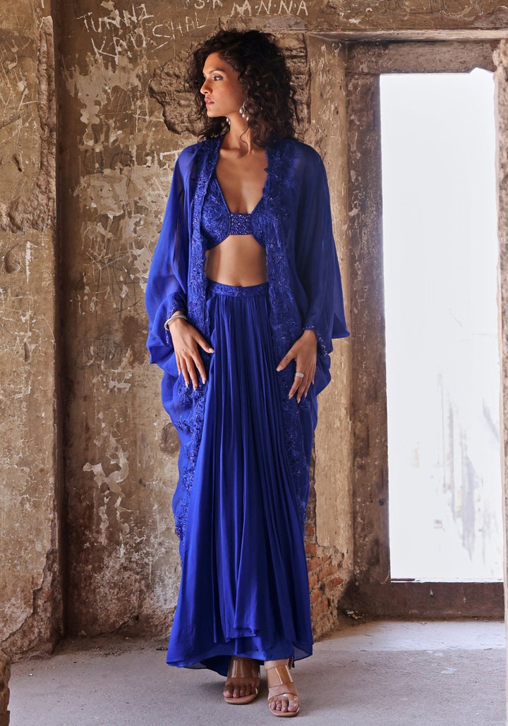 Blue Draped Skirt set with Cape Seema Thukral - Fabilicious Fashion