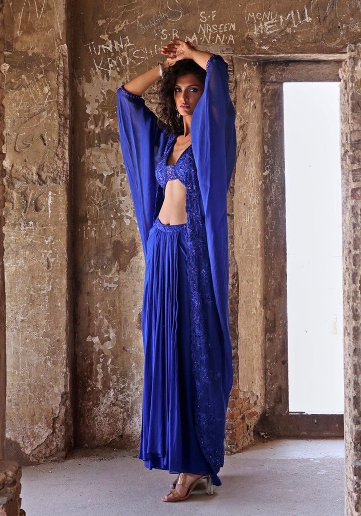 Blue Draped Skirt set with Cape Seema Thukral - Fabilicious Fashion
