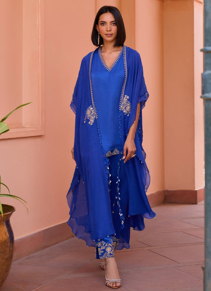 Blue Embellished Satin Kurta Set With Cape Isha Gupta Tayal - Fabilicious Fashion