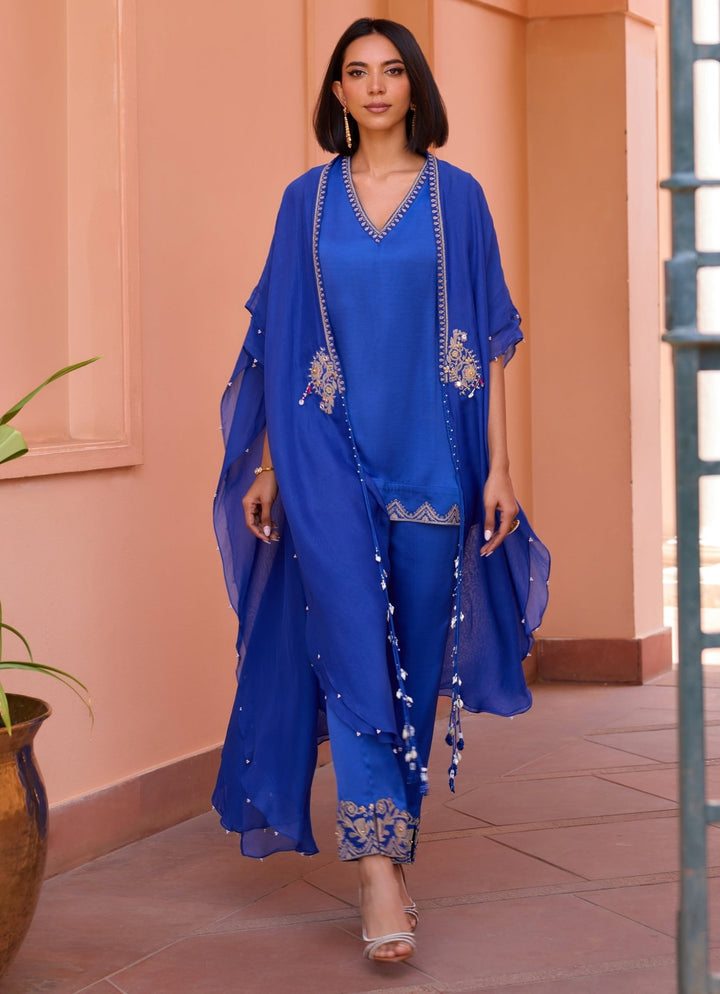 Blue Embellished Satin Kurta Set With Cape Isha Gupta Tayal - Fabilicious Fashion