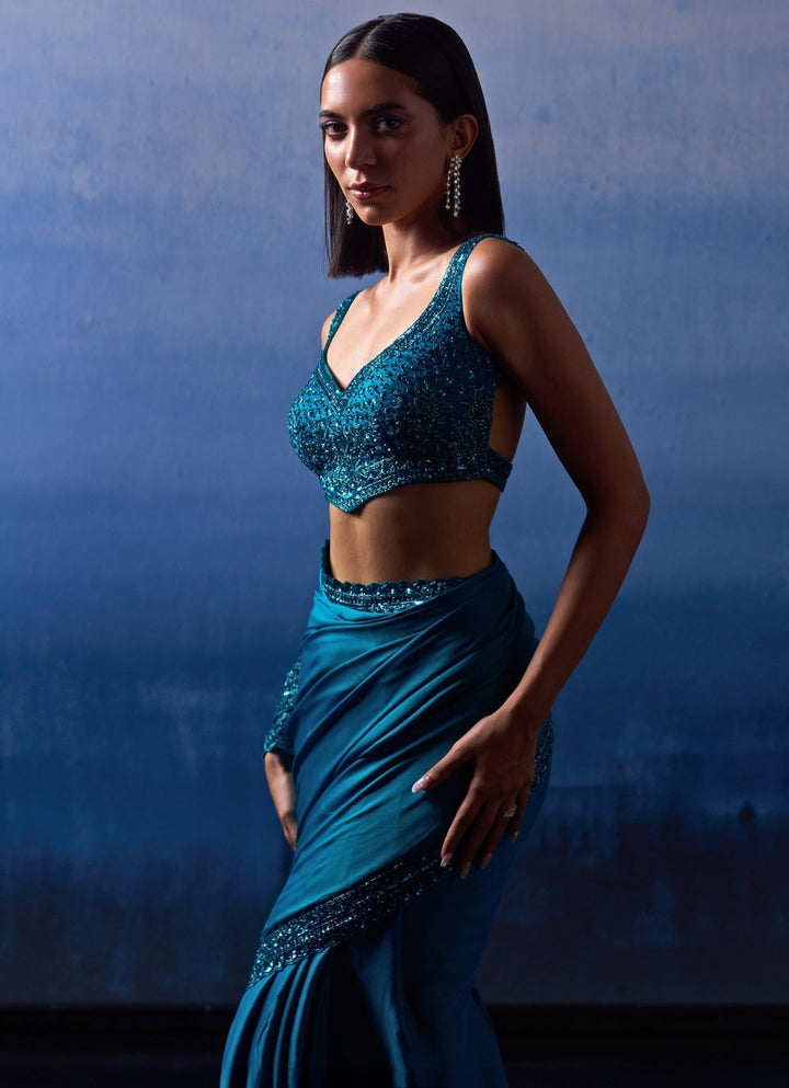 Blue Embellished Satin Saree Angad Singh - Fabilicious Fashion