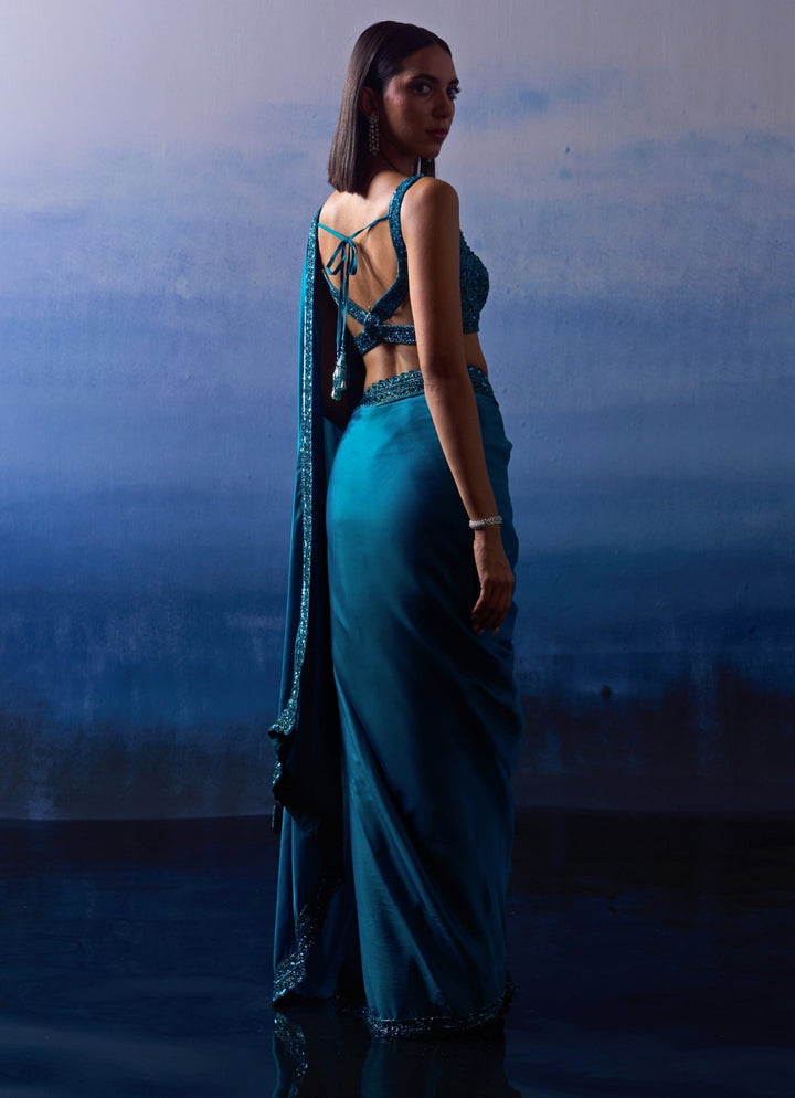 Blue Embellished Satin Saree Angad Singh - Fabilicious Fashion