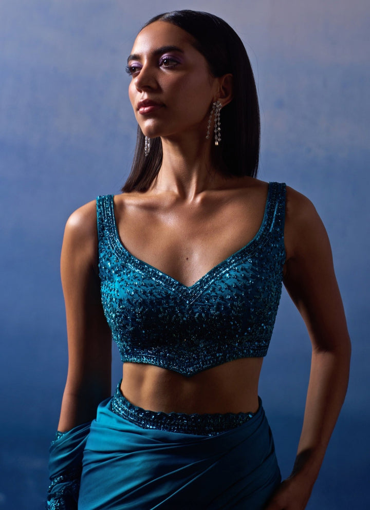 Blue Embellished Satin Saree Angad Singh - Fabilicious Fashion