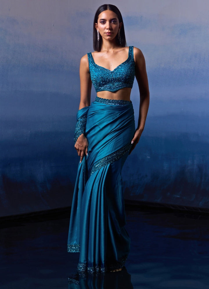 Blue Embellished Satin Saree Angad Singh - Fabilicious Fashion