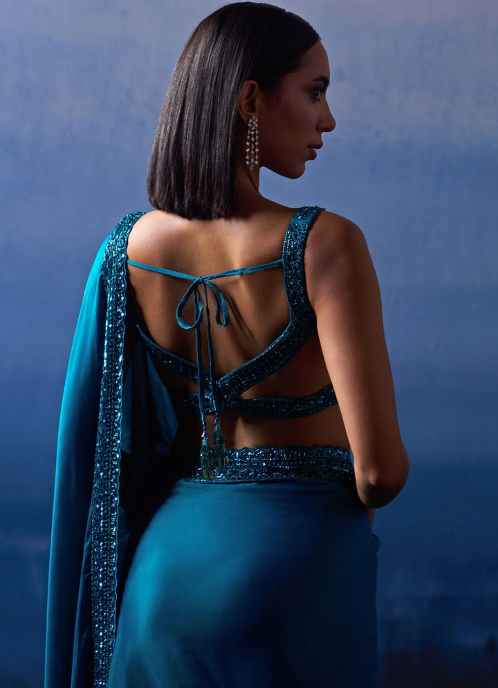 Blue Embellished Satin Saree Angad Singh - Fabilicious Fashion