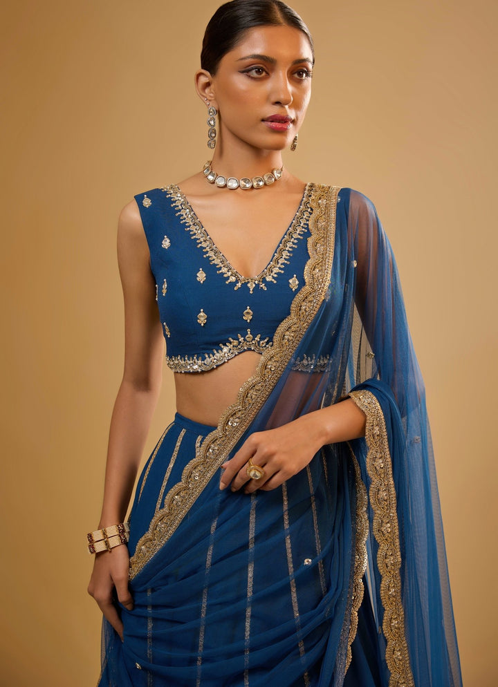 Blue Embroidered Georgette Lehenga Set Renee Label - Fabilicious Fashion