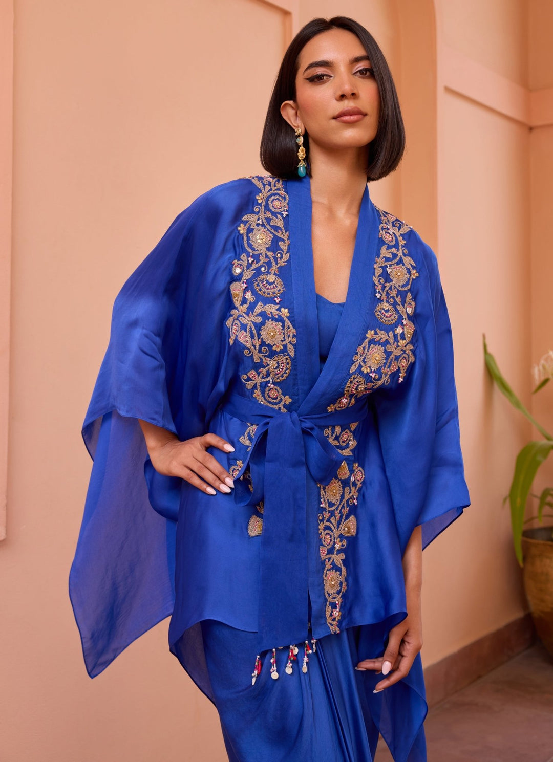 Blue Embroidered Kimono Top With Belt Isha Gupta Tayal - Fabilicious Fashion