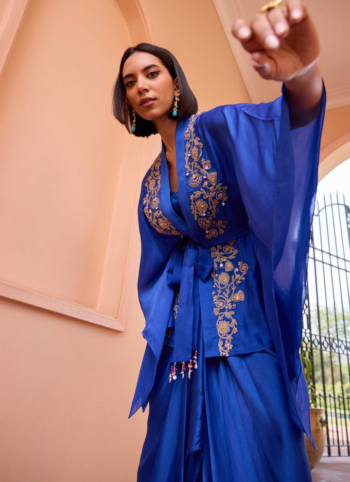 Blue Embroidered Kimono Top With Belt Isha Gupta Tayal - Fabilicious Fashion