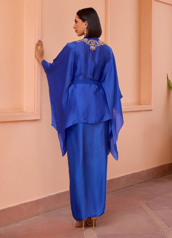 Blue Embroidered Kimono Top With Drape Skirt Isha Gupta Tayal - Fabilicious Fashion