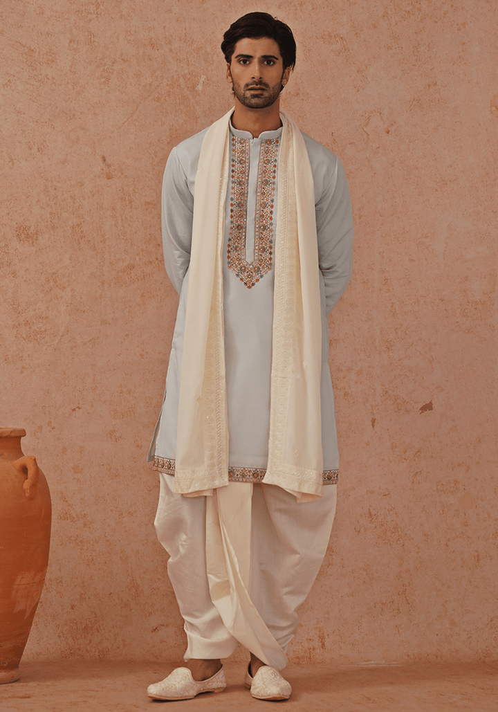 Blue Embroidered Kurta Set With Ivory Pant Kalpraag - Fabilicious Fashion