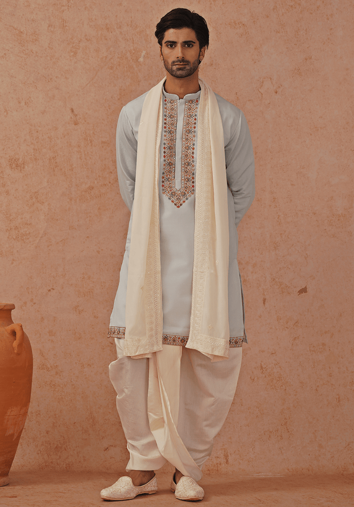 Blue Embroidered Kurta Set With Ivory Pant Kalpraag - Fabilicious Fashion