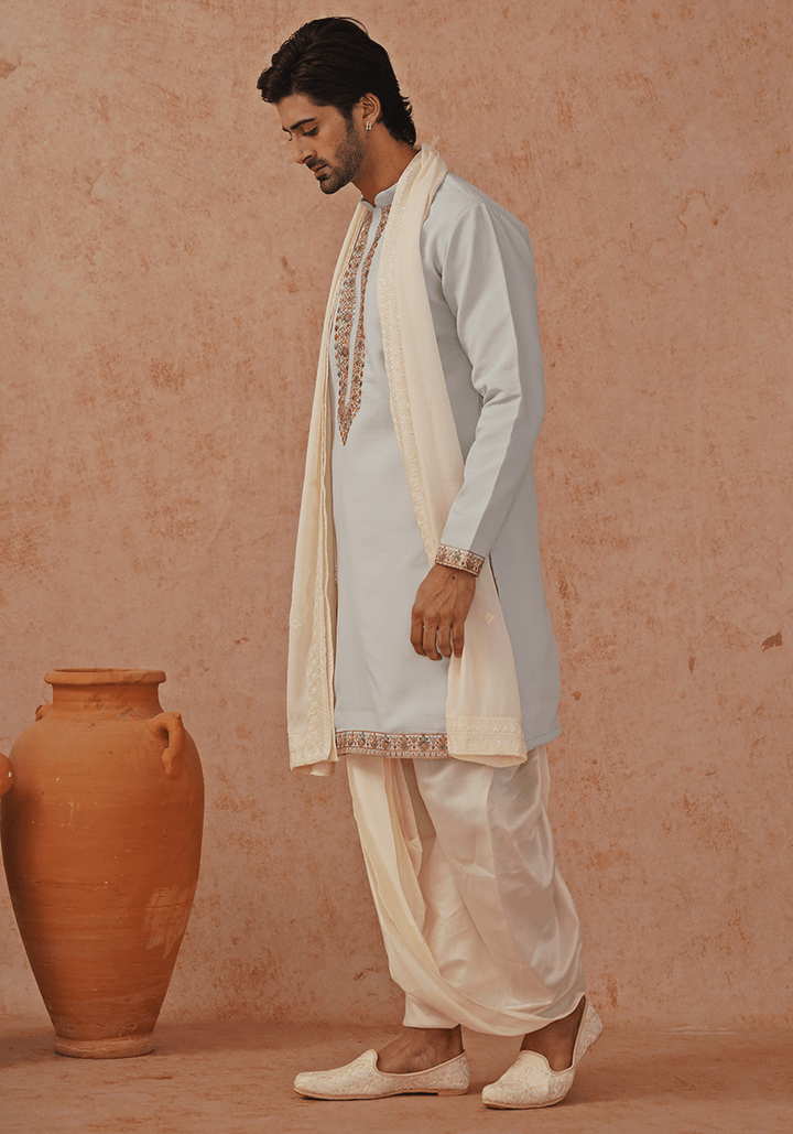Blue Embroidered Kurta Set With Ivory Pant Kalpraag - Fabilicious Fashion