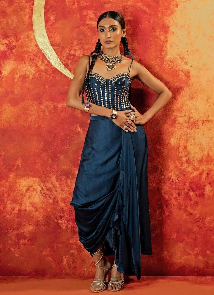 Blue Embroidered Ruffle Satin Skirt With Corset Blouse Prahnaaya - Fabilicious Fashion