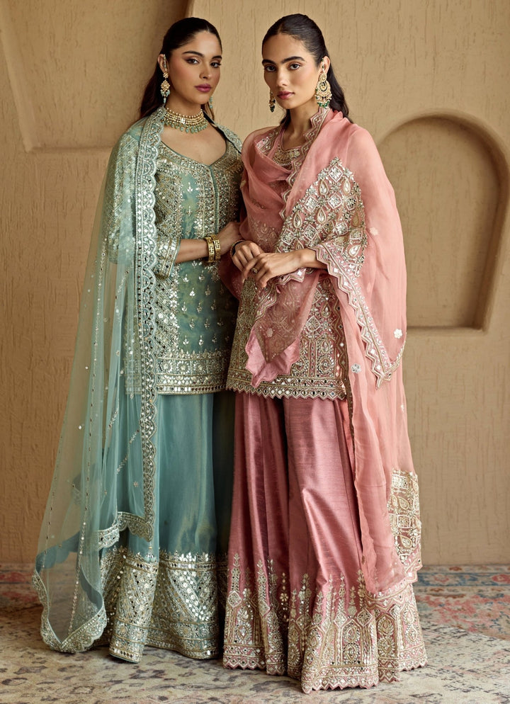 Blue Embroidered Tissue Kurta Sharara Set Suhino - Fabilicious Fashion
