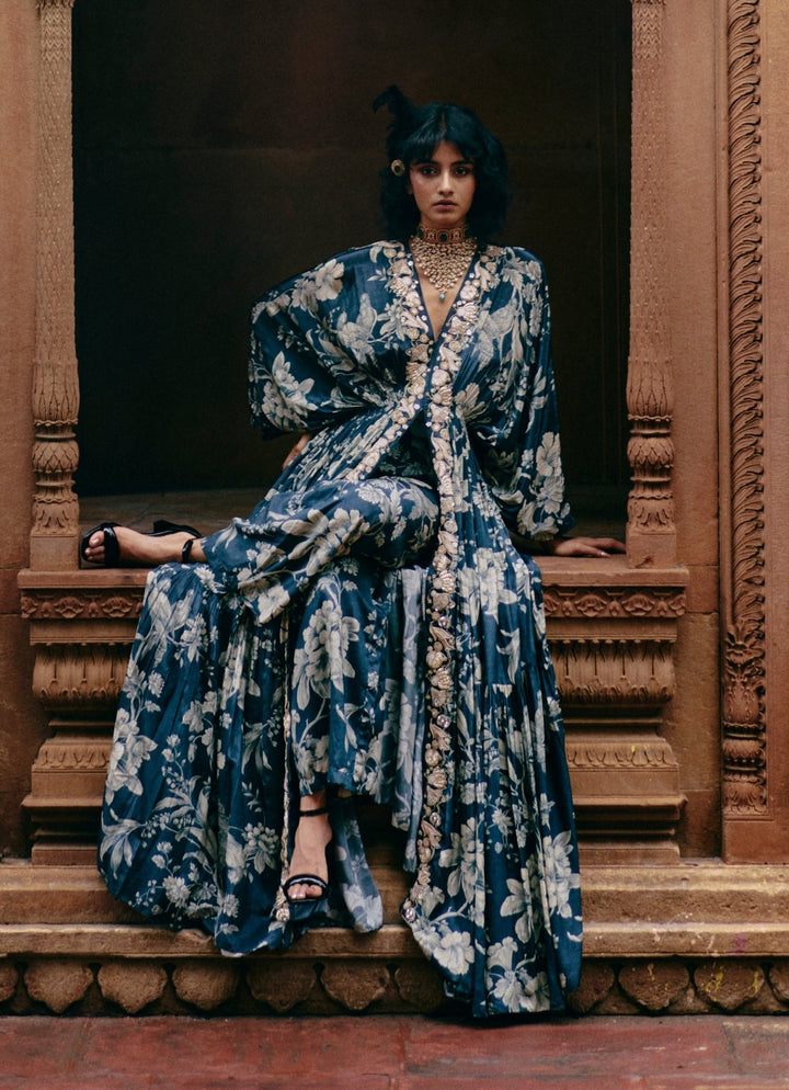 Blue Floral Printed Crepe Kaftan Set Paulmi and Harsh - Fabilicious Fashion