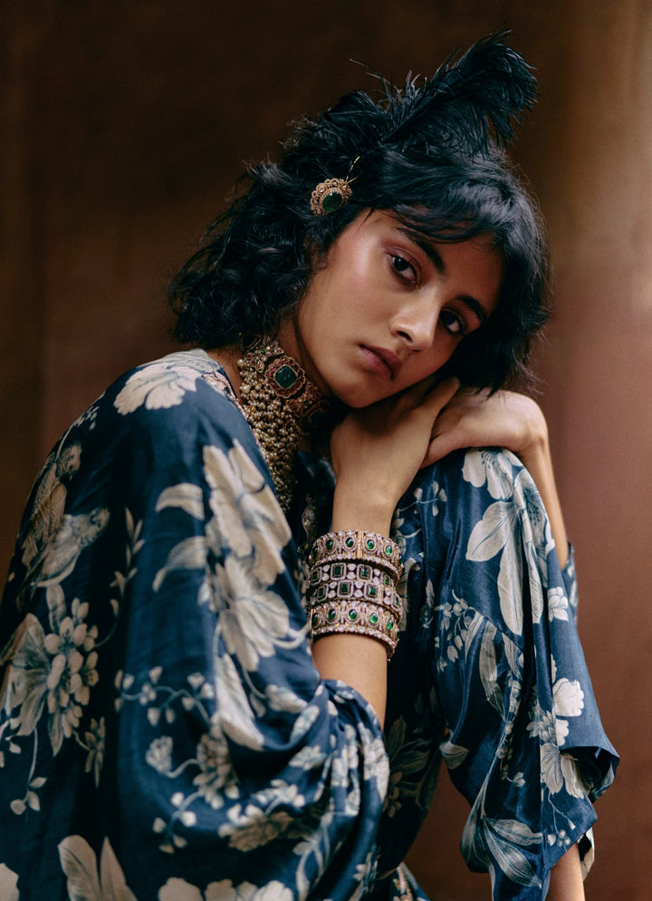 Blue Floral Printed Crepe Kaftan Set Paulmi and Harsh - Fabilicious Fashion