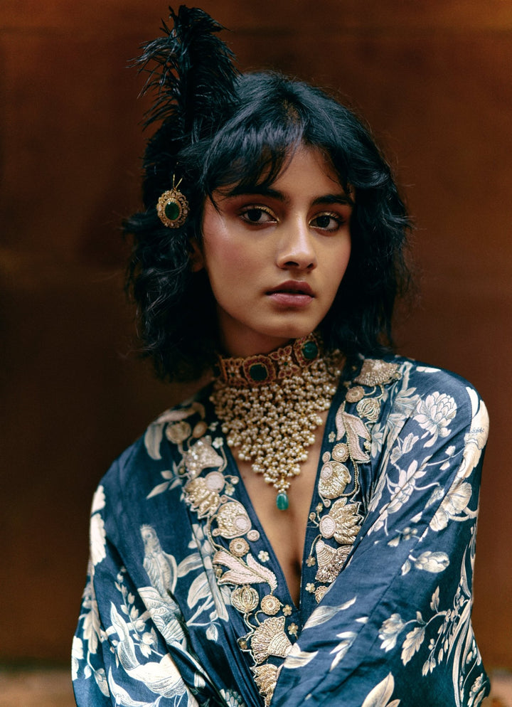 Blue Floral Printed Crepe Kaftan Set Paulmi and Harsh - Fabilicious Fashion