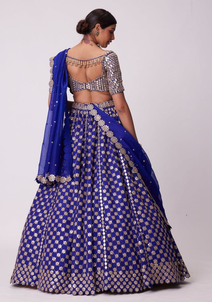 Blue Flower Embroidered Lehenga With Elbow Sleeves Blouse Vvani by Vani Vats - Fabilicious Fashion