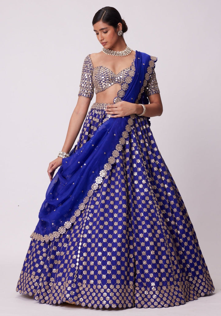 Blue Flower Embroidered Lehenga With Elbow Sleeves Blouse Vvani by Vani Vats - Fabilicious Fashion